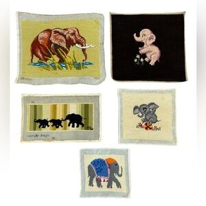 Vintage 1970-1980s Needle Point Cross Stitch Miscellaneous Elephants Pieces x 5
